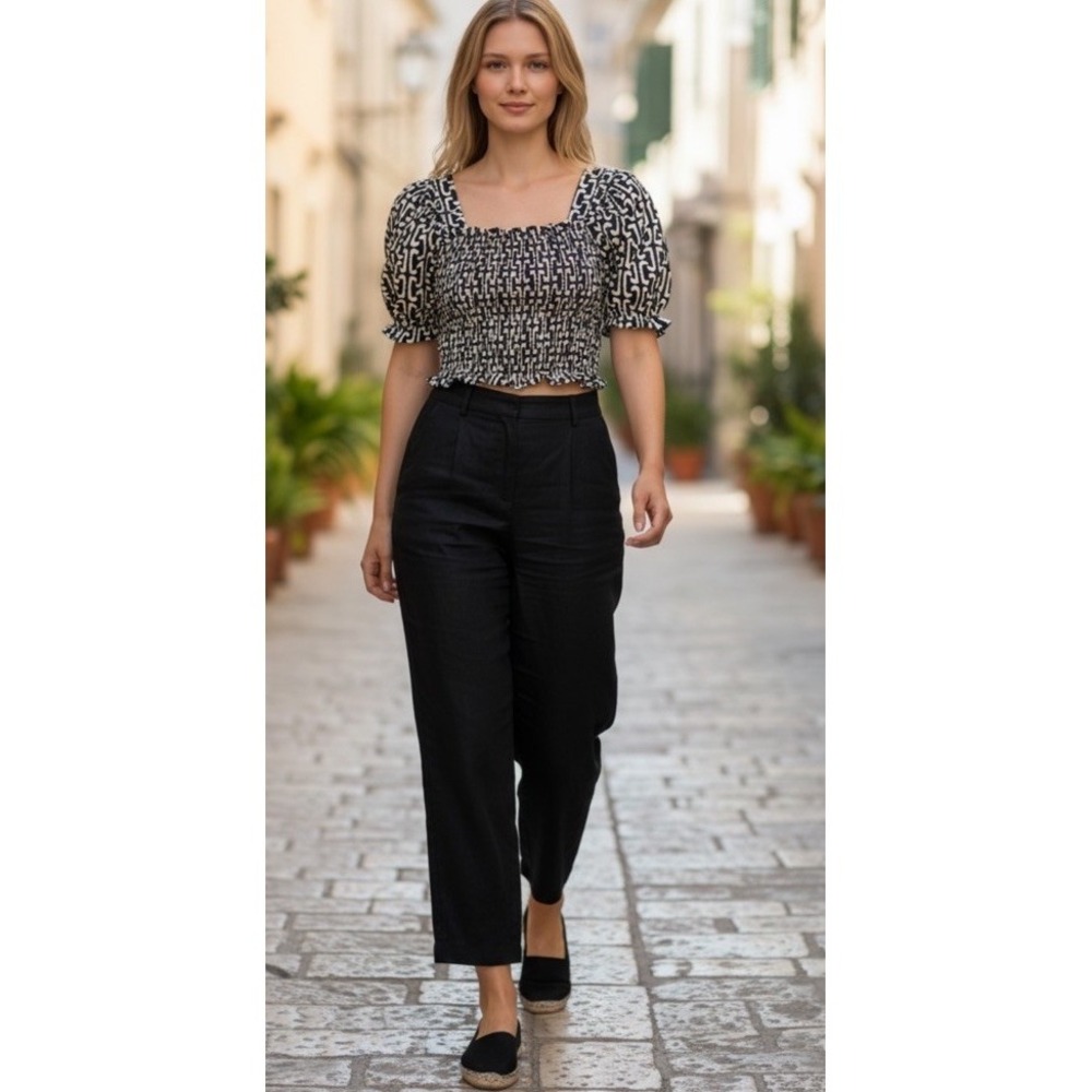 Monteau Womens Crop Top Size S Black White Animal Print Short Sleeve